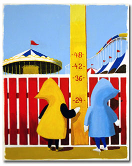 Height Anxiety: Kids looking at large measuring board to see if they can ride the amusement rides at the fair