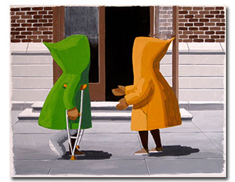 I Want One Of Those: Kids in front of a school looking at the crutches and plastered foot