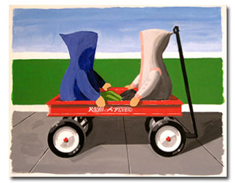 Who Is Going To Pull Us: Two kids in a Radio Flyer wagon